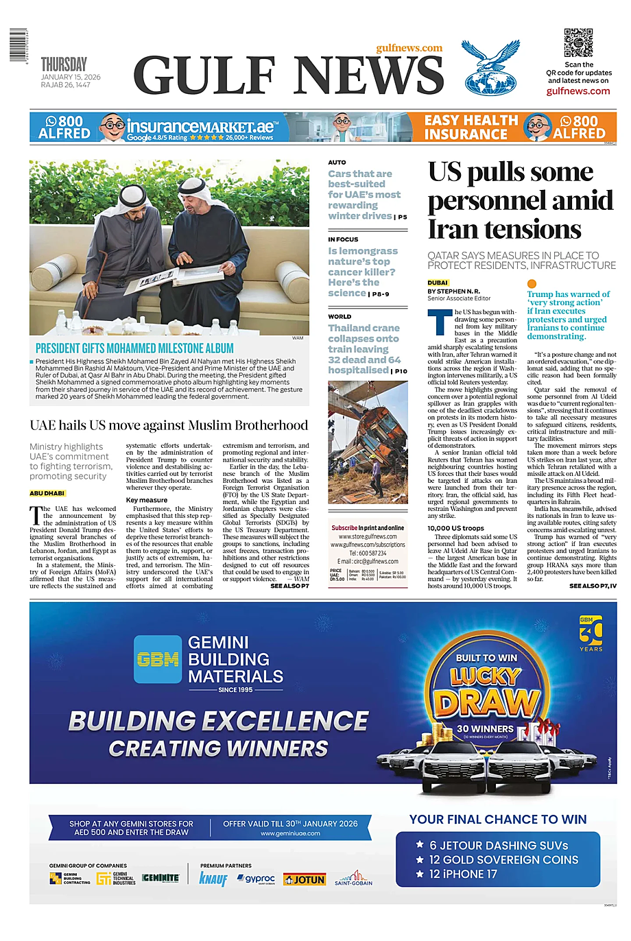 Prima pagina Gulf News di oggi - Edicola 15 Gennaio 2026