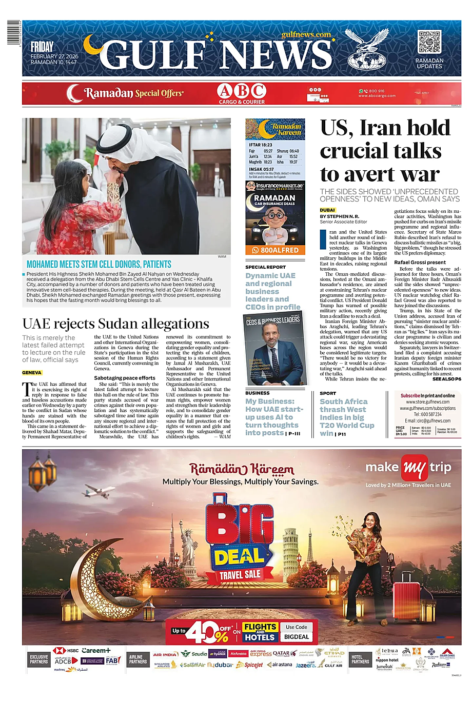 Prima pagina Gulf News di oggi - Edicola 27 Febbraio 2026