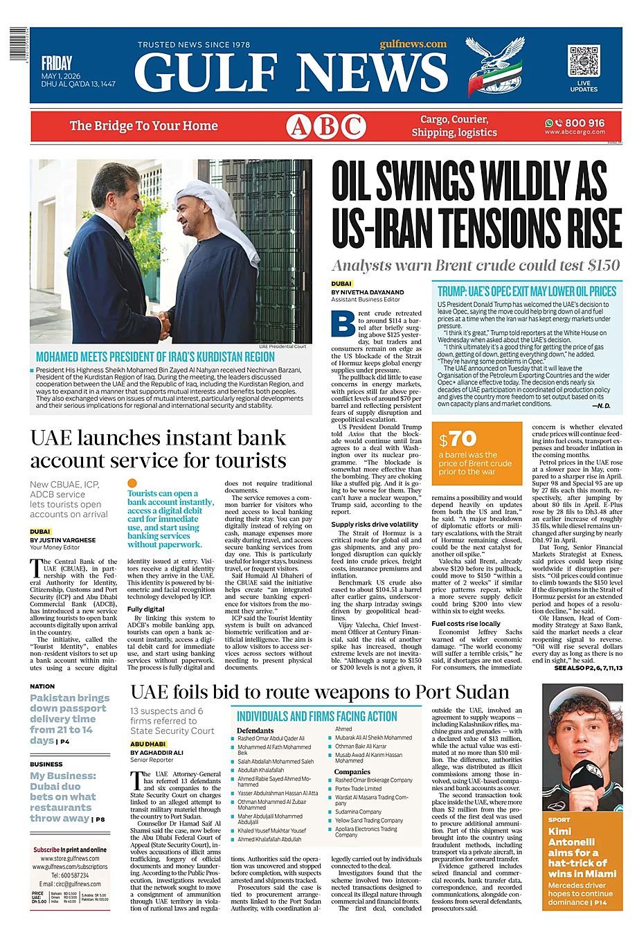 Portada Gulf News de hoy - Quiosco 1 mayo 2026