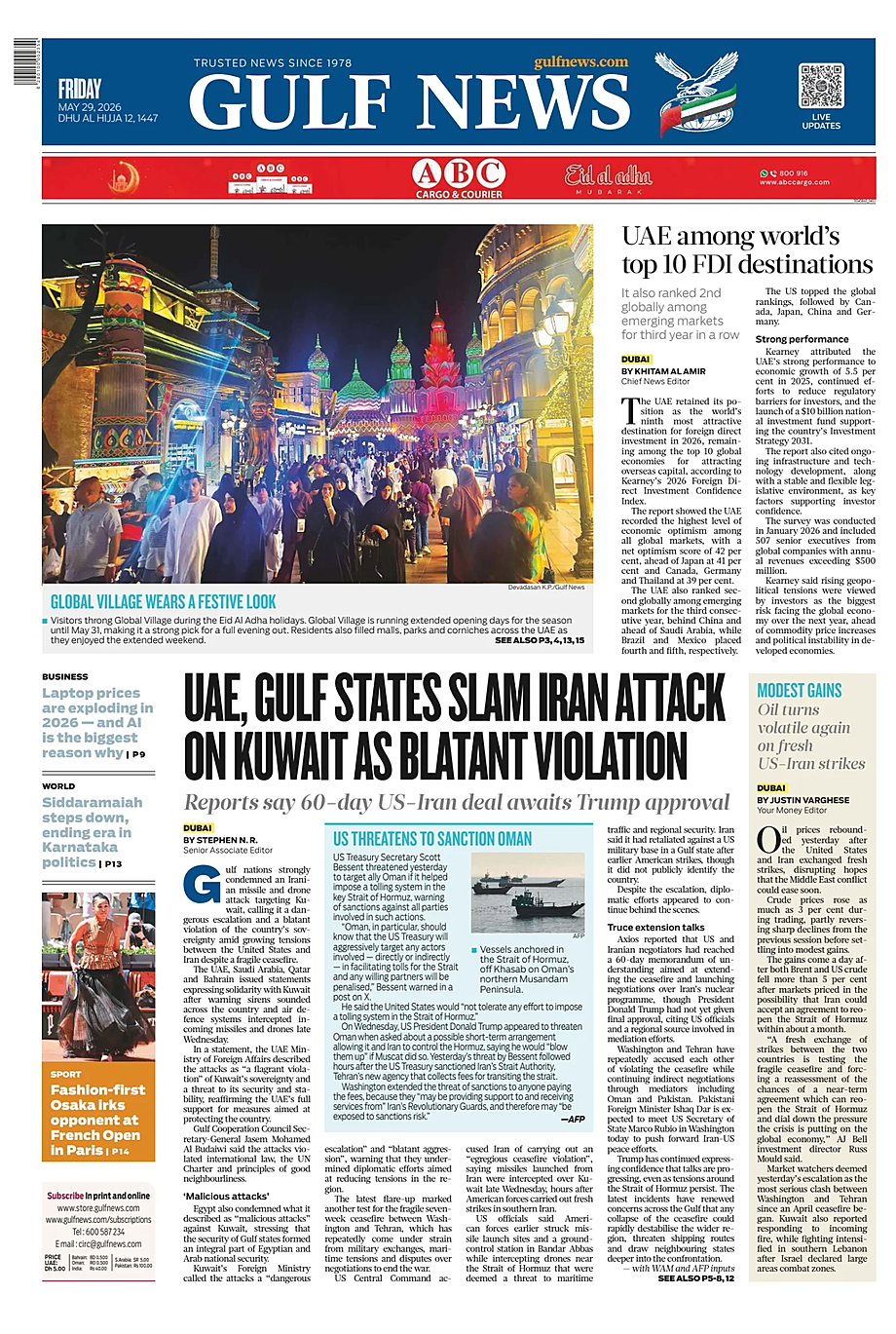 Prima pagina Gulf News di oggi - Edicola 29 Maggio 2026