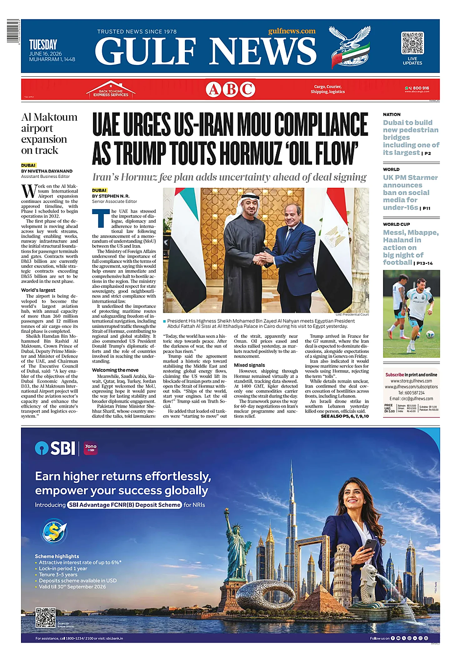 Portada Gulf News de hoy - Quiosco 16 junio 2026