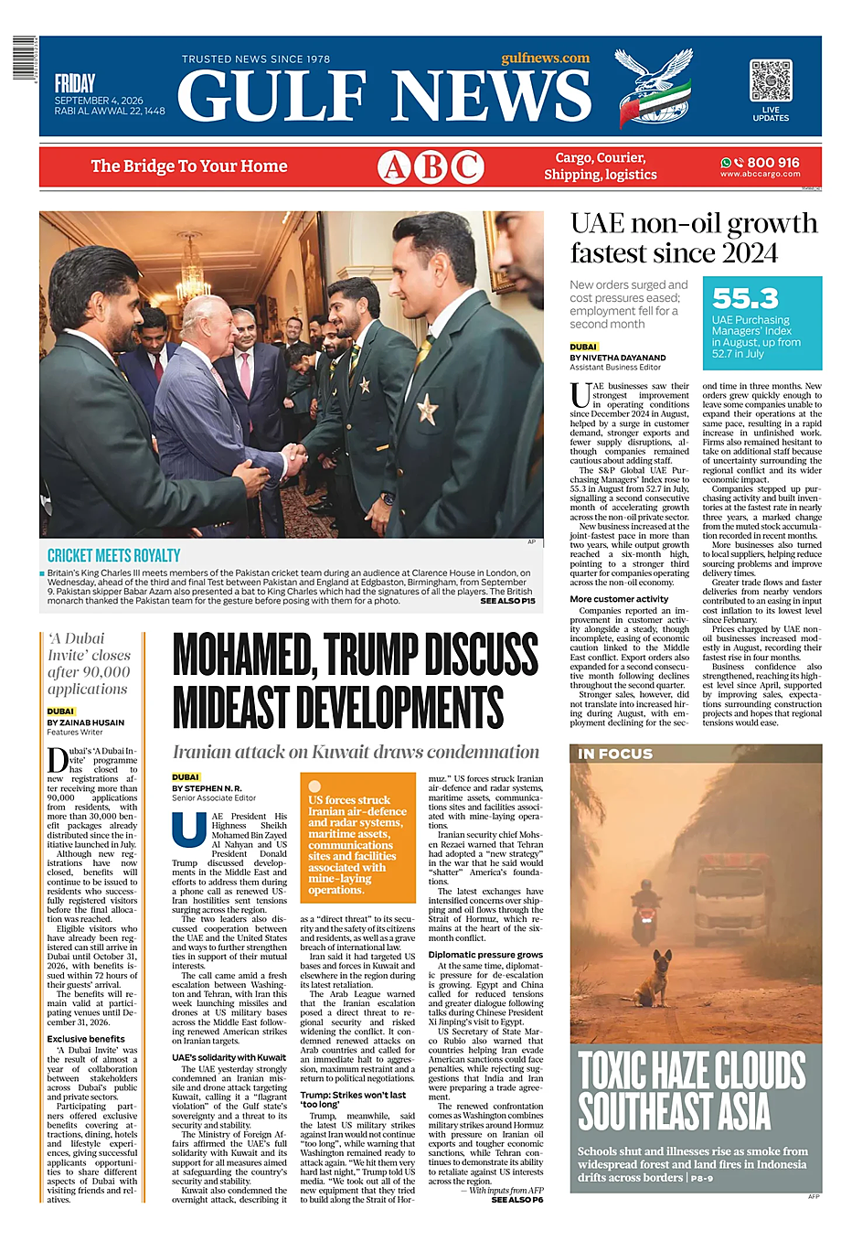 Prima pagina Gulf News di oggi - Edicola 4 Settembre 2026