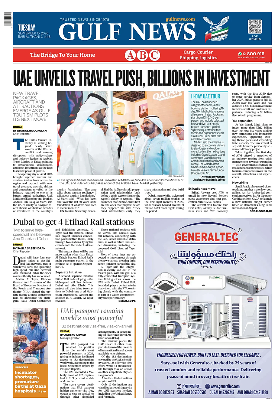 Portada Gulf News de hoy - Quiosco 15 septiembre 2026