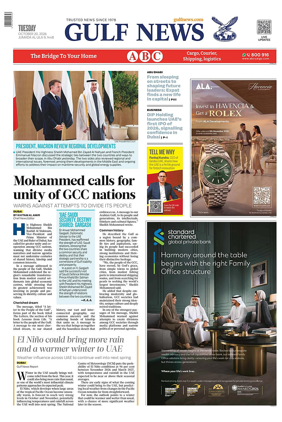 Prima pagina Gulf News di oggi - Edicola 20 Ottobre 2026