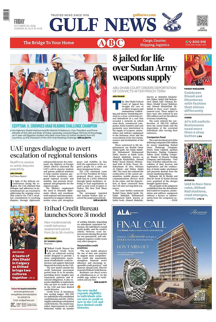 Portada Gulf News de hoy - Quiosco 30 octubre 2026