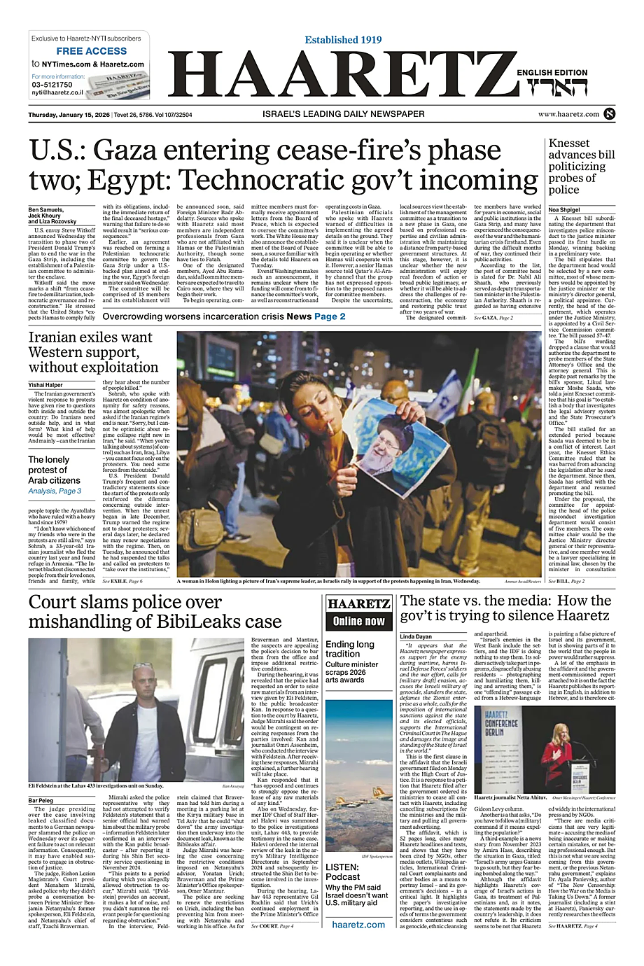 Prima pagina Haaretz (English) di oggi - Edicola 15 Gennaio 2026
