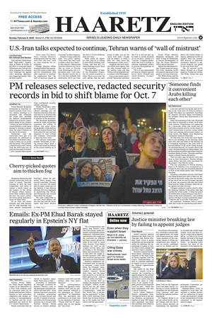 Prima pagina Haaretz (English) di oggi - Quotidiano estero