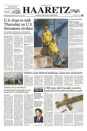 Prima pagina Haaretz (English) di oggi - Quotidiano estero