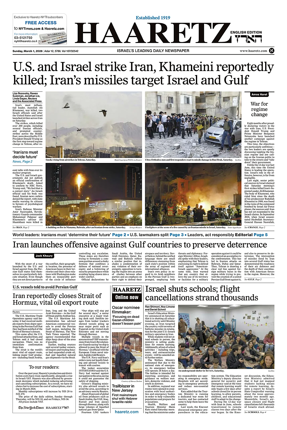 Prima pagina Haaretz (English) di oggi - Edicola 1 Marzo 2026