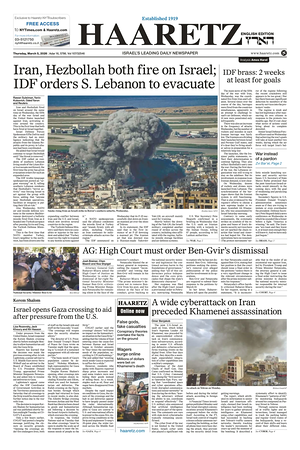 Prima pagina Haaretz (English) di oggi - Quotidiano estero