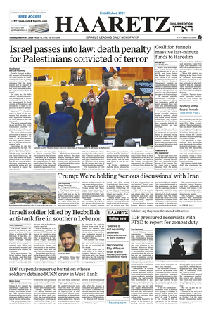 Prima pagina Haaretz (English) di oggi - Quotidiano estero