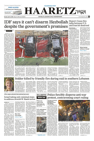 Prima pagina Haaretz (English) di oggi - Quotidiano estero