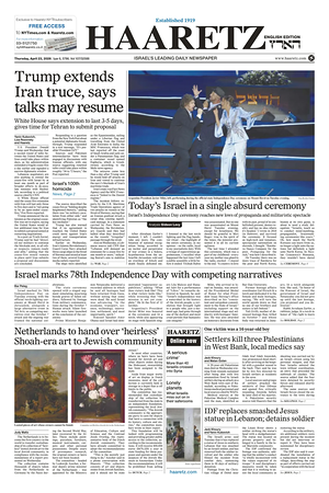 Prima pagina Haaretz (English) di oggi - Quotidiano estero