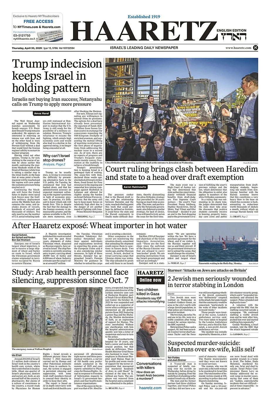 Portada Haaretz (English) de hoy - Quiosco 30 abril 2026