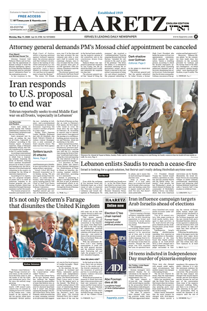 Prima pagina Haaretz (English) di oggi - Quotidiano estero