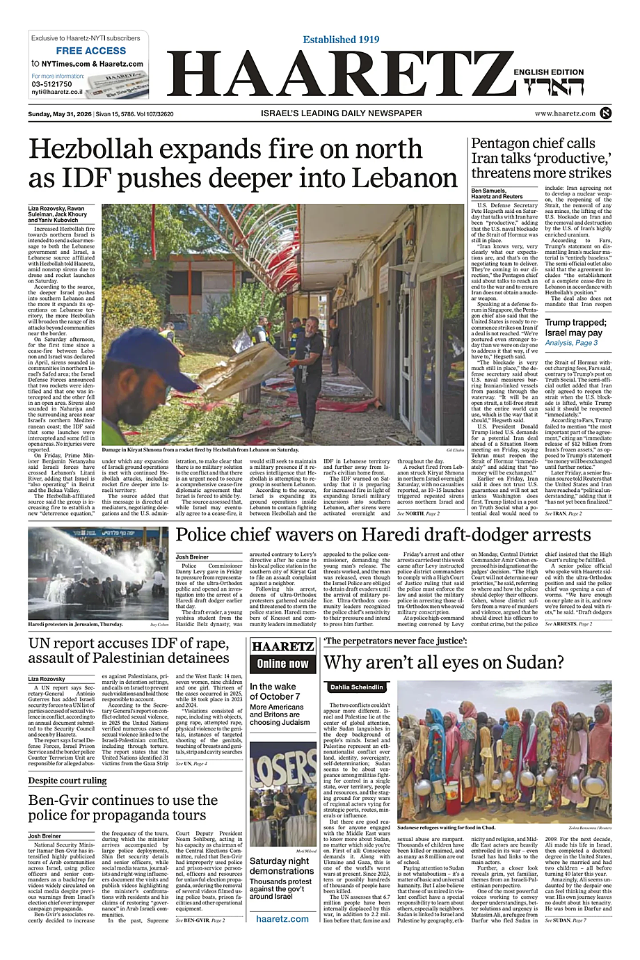 Prima pagina Haaretz (English) di oggi - Edicola 31 Maggio 2026