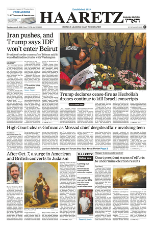 Prima pagina Haaretz (English) di oggi - Quotidiano estero
