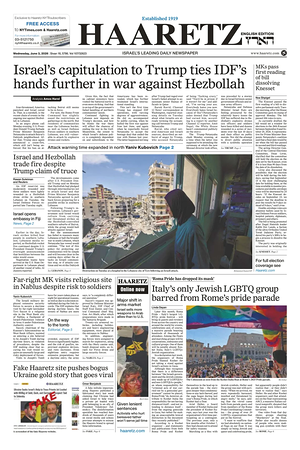 Prima pagina Haaretz (English) di oggi - Quotidiano estero