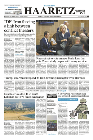 Prima pagina Haaretz (English) di oggi - Quotidiano estero
