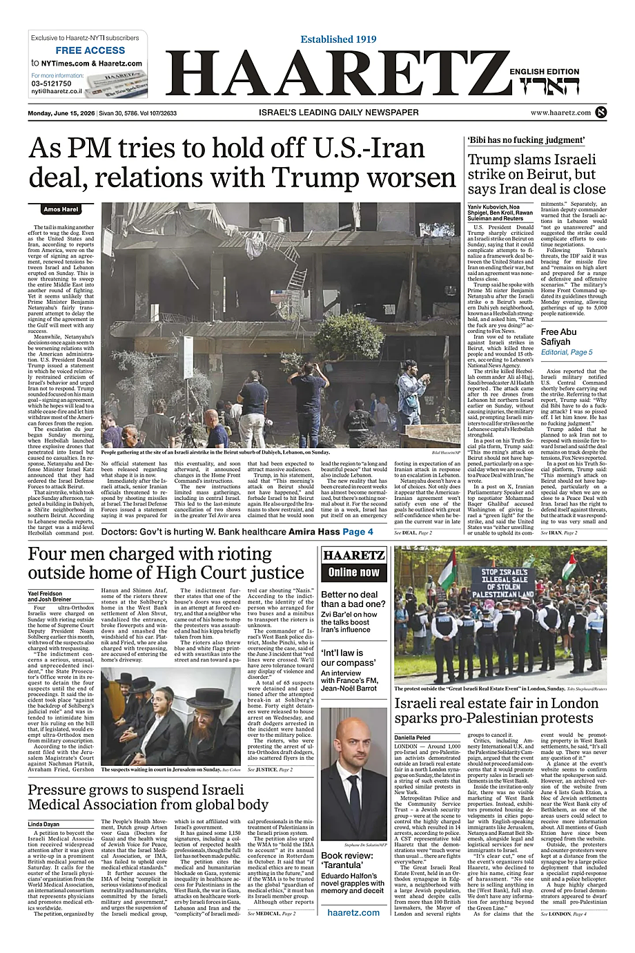 Portada Haaretz (English) de hoy - Quiosco 15 junio 2026