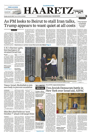 Prima pagina Haaretz (English) di oggi - Quotidiano estero