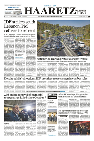 Prima pagina Haaretz (English) di oggi - Quotidiano estero
