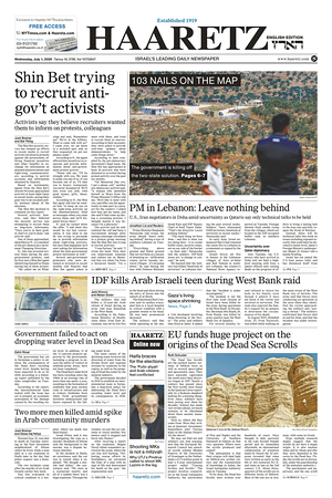 Prima pagina Haaretz (English) di oggi - Quotidiano estero