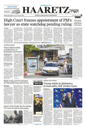 Prima pagina Haaretz (English) di oggi - Quotidiano estero