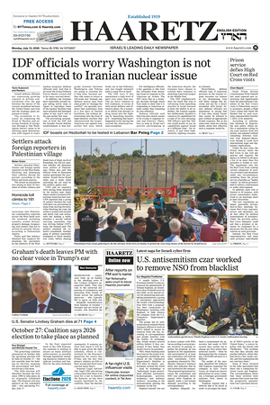 Prima pagina Haaretz (English) di oggi - Quotidiano estero