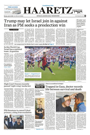 Prima pagina Haaretz (English) di oggi - Quotidiano estero