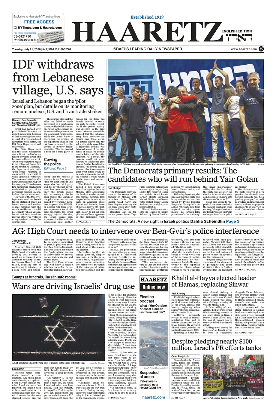 Prima pagina Haaretz (English) di oggi - Edicola 21 Luglio 2026