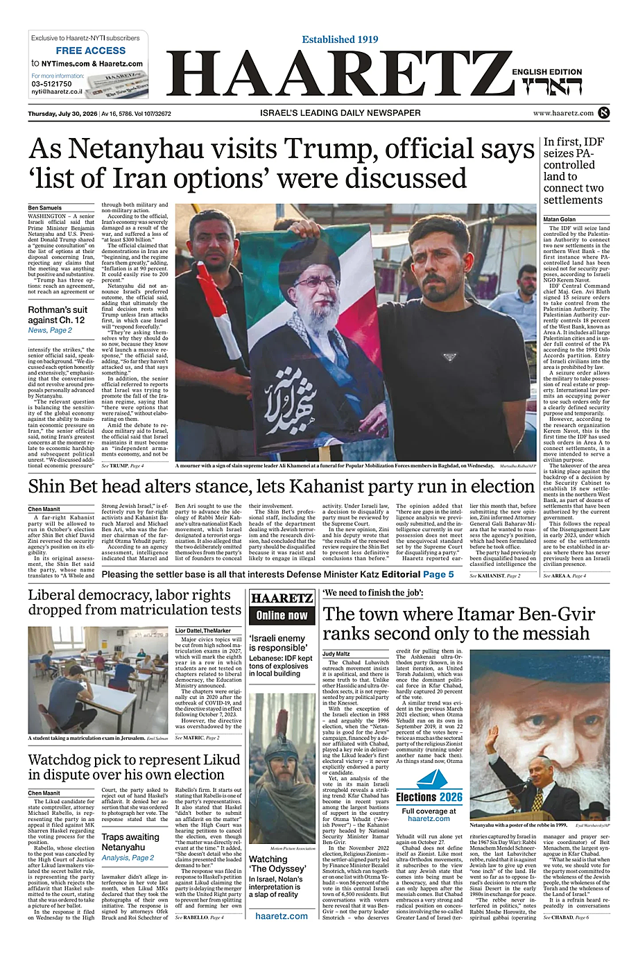 Portada Haaretz (English) de hoy - Quiosco 30 julio 2026