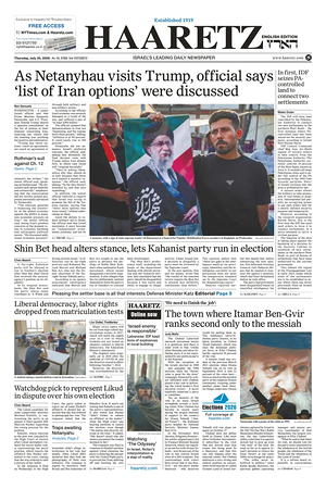 Prima pagina Haaretz (English) di oggi - Quotidiano estero