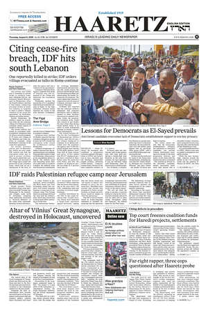 Prima pagina Haaretz (English) di oggi - Quotidiano estero