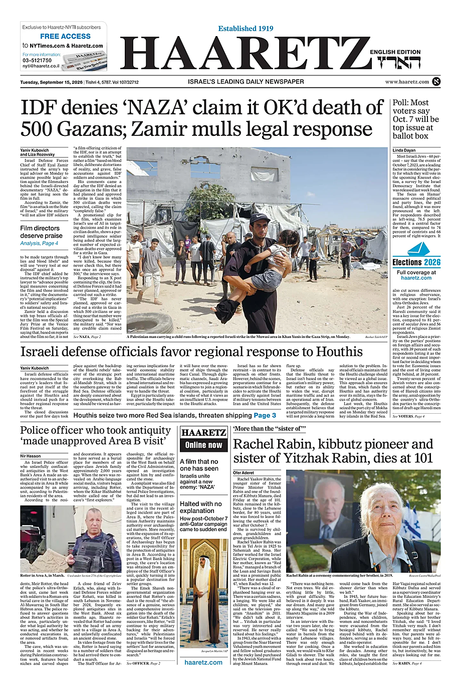Portada Haaretz (English) de hoy - Quiosco 15 septiembre 2026