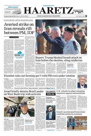 Prima pagina Haaretz (English) di oggi - Quotidiano estero
