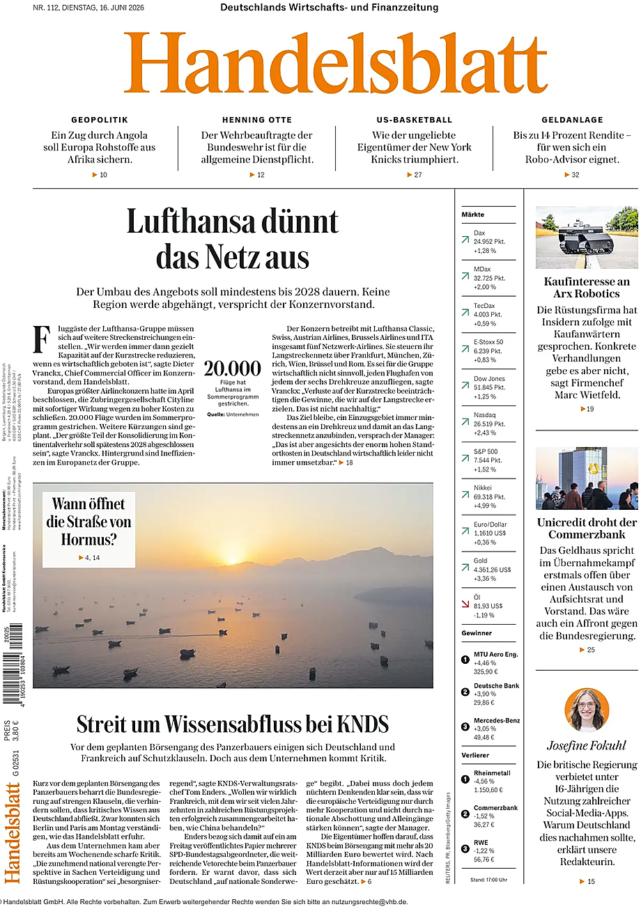 Titelseite von Handelsblatt heute - Presse 16 Juni 2026