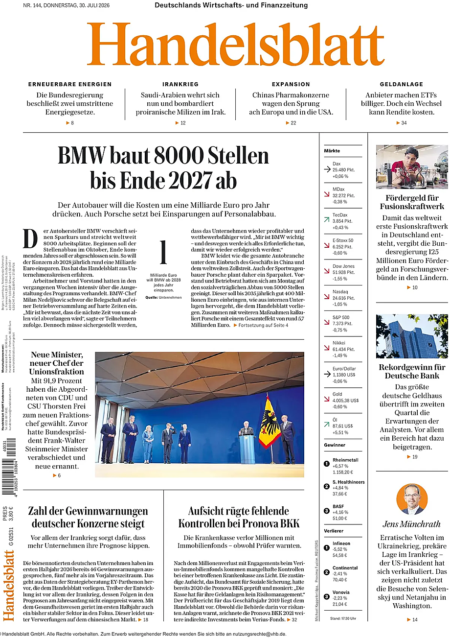 Titelseite von Handelsblatt heute - Presse 30 Juli 2026