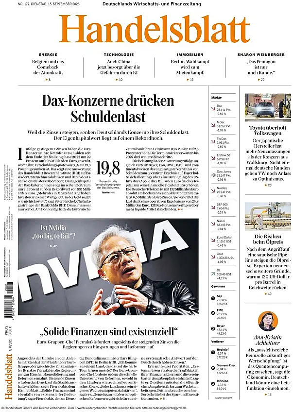 Titelseite von Handelsblatt heute - Presse 15 September 2026