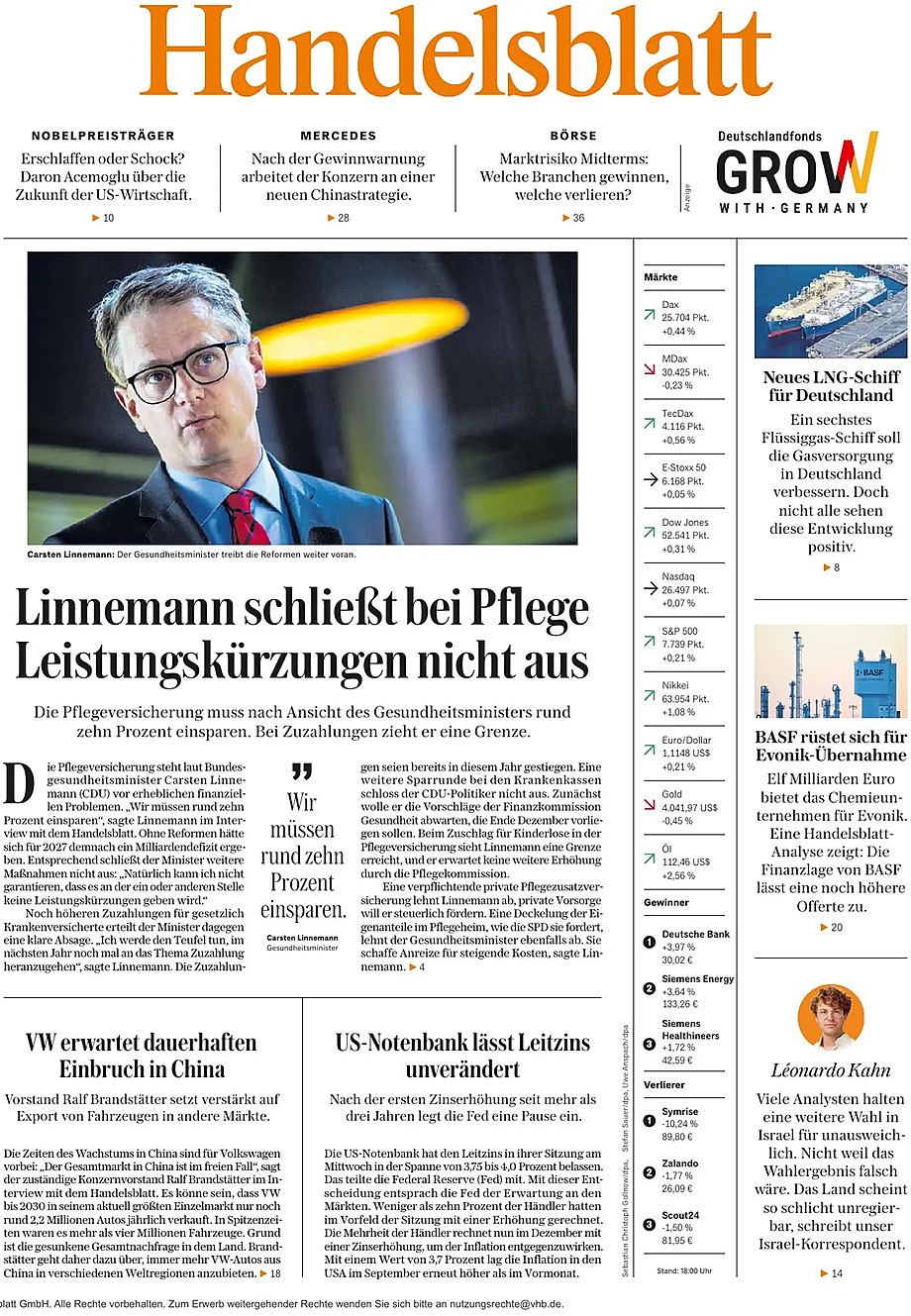 Titelseite von Handelsblatt heute - Presse 29 Oktober 2026