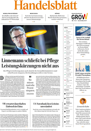 Titelseite von Handelsblatt heute - Wirtschaftszeitungen