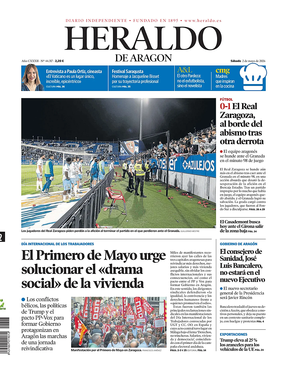 Portada Heraldo de Aragón de hoy - Quiosco 2 mayo 2026
