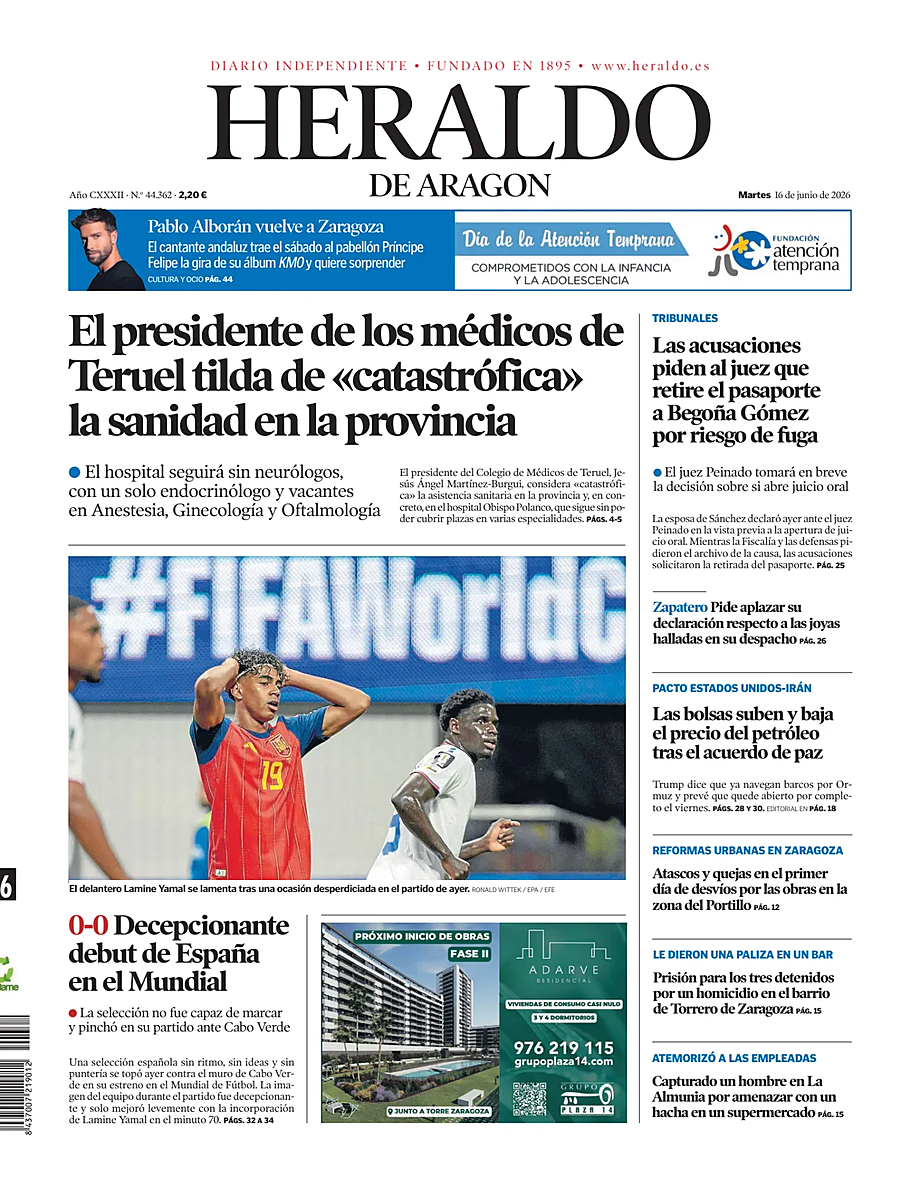 Portada Heraldo de Aragón de hoy - Quiosco 16 junio 2026