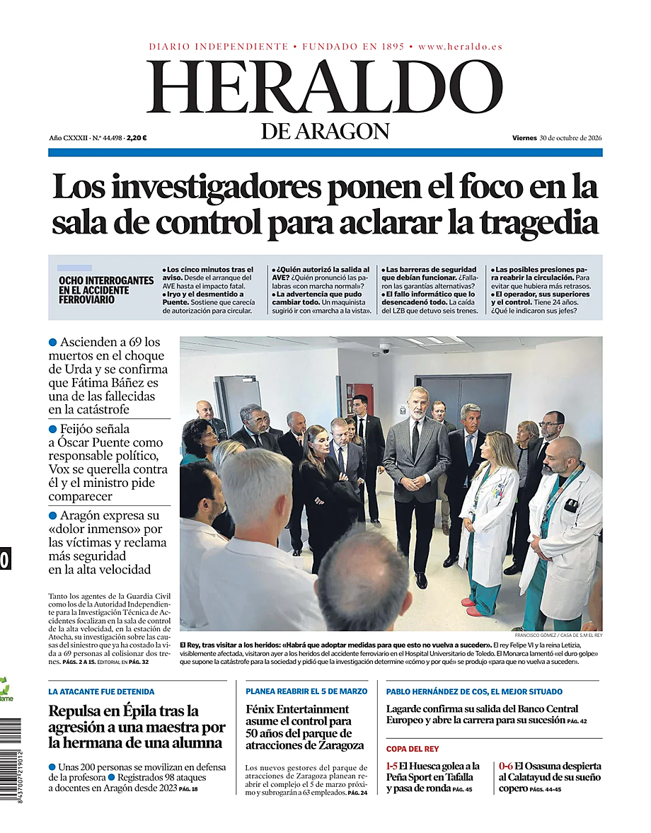 Portada Heraldo de Aragón de hoy - Quiosco 30 octubre 2026
