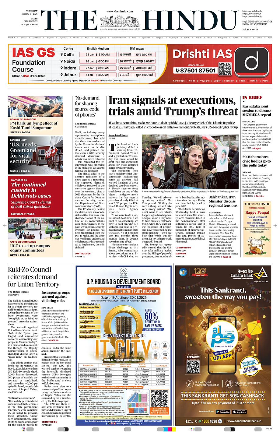 Prima pagina The Hindu (Delhi) di oggi - Edicola 15 Gennaio 2026