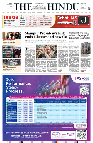 Prima pagina The Hindu (Delhi) di oggi - Quotidiano estero