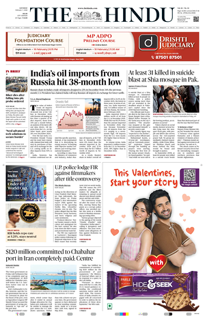 Prima pagina The Hindu (Delhi) di oggi - Quotidiano estero