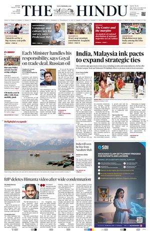 Prima pagina The Hindu (Delhi) di oggi - Quotidiano estero
