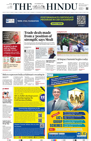 Prima pagina The Hindu (Delhi) di oggi - Quotidiano estero