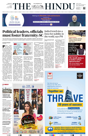 Prima pagina The Hindu (Delhi) di oggi - Quotidiano estero